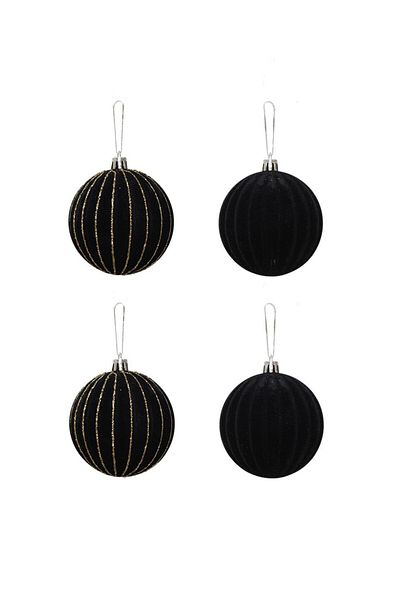 Parti Adresi Black Velvet Christmas Ball - 8 cm Set of 4 with Gold Glitter and Tree Decorations