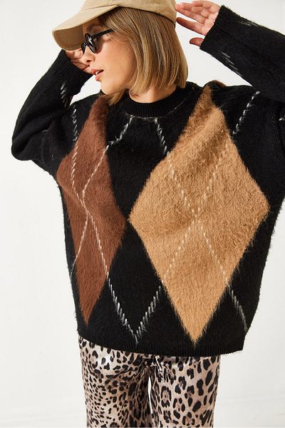 Bianco Lucci Women's Diamond Patterned Oversize Knitwear Sweater 60351284