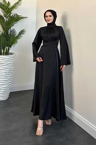 Lamia Giyim Spanish Sleeve Satin Cross Belt Dress
