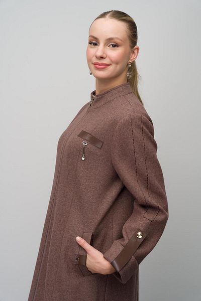 Olcay Oversize Melange Coffee Coat - Δέρμα & Αξεσουάρ Λεπτομέρειες, Μάλλινο Μείγμα 6629