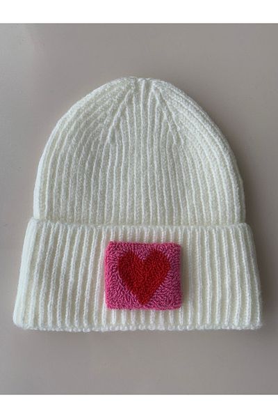byebruketenci Cream Wool Beret Red and Pink Heart Punch Detailed Hat
