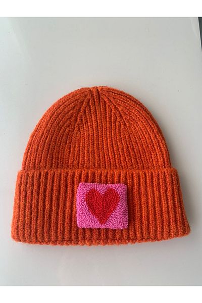 byebruketenci Orange Cream Wool Beret Red and Pink Heart Punch Detailed Hat