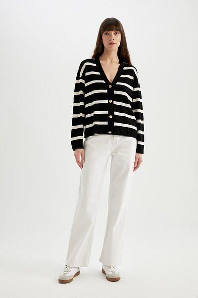 DeFacto Relax Fit Striped V-Neck Buttoned Knitwear Cardigan C5264Ax24Au