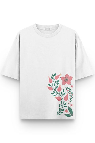 Overoz White Oversize T-Shirt Flowers Printed Oversize Written Unisex T-Shirt 1277