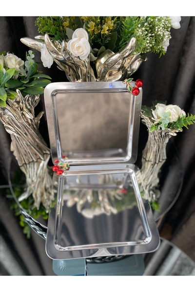 atabey home collection Metal Casting Silver Tray - Coffee, Tea and Presentation Tray with Cherry Accessories 2 Pcs