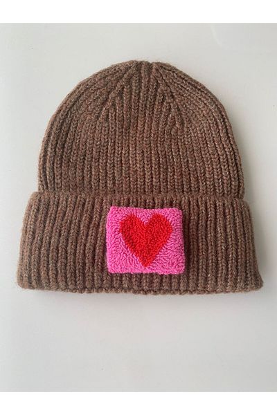 byebruketenci Brown Cream Wool Beret Red and Pink Heart Punch Detailed Hat