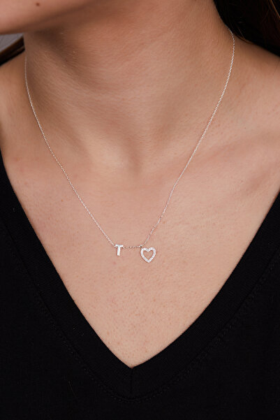 Elika Silver 925 Ayar Gümüş Zirkon Taşlı Kalp Model T Harfi Kolye ELKSLVR7764
