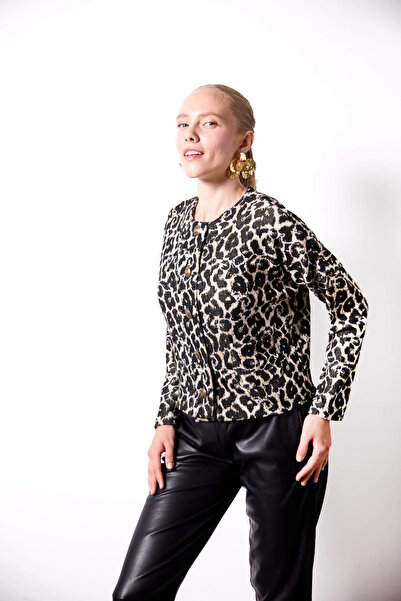 Evermade Bisiklet Yaka Düğme Detaylı Leopar Desenli Ceket