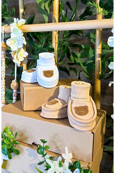 Renkli Puset 2-Piece Basic Baby Booties - 100% Cotton Suede Bear