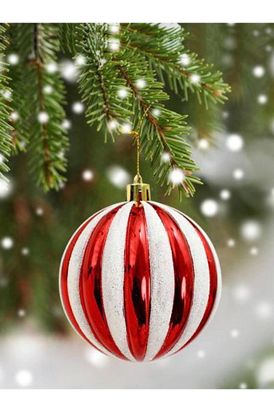 Parti Adresi New year's balls red white striped pine tree ornaments 12 cm set of 4