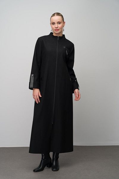 Olcay Μαύρο Δερμάτινο Παλτό Plus Size - Μάλλινο Μείγμα με Λεπτομέρεια Αξεσουάρ 6629