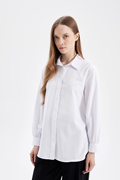 DeFacto Beyaz Relax Fit Gömlek Yaka Poplin Basic Düz Uzun Kollu Gömlek Tunik D4159ax24au