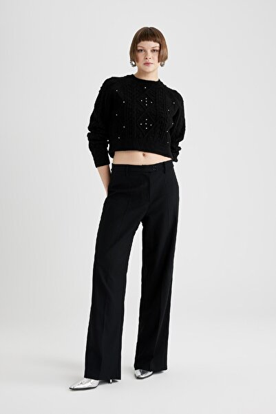 DeFacto Pulover Crop Crew Gât Stone Negru Tricotaj C0781ax23wn