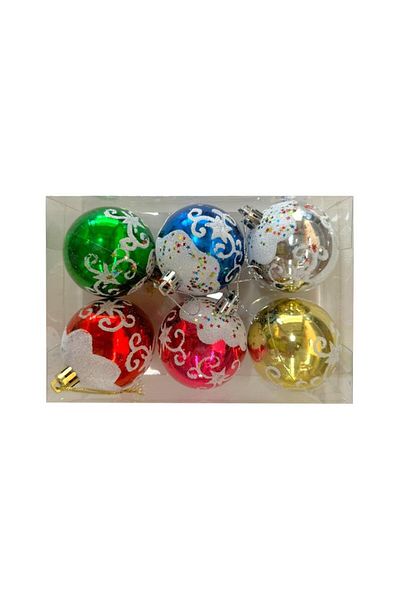 Parti Adresi Christmas Balls Patterned Pine Tree Ornaments Mixed Color 6 cm Pack of 6