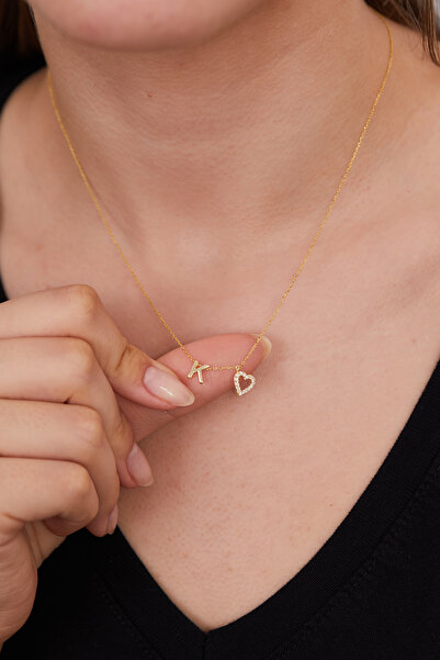 Elika Silver 925 Ayar Gümüş Zirkon Taşlı Kalp Model K Harfi Kolye ELKSLVR7754