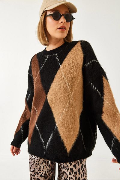 Bianco Lucci Women's Diamond Patterned Oversize Knitwear Sweater 60351284