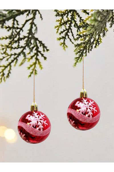 Parti Adresi Christmas Balls - White Snowflake Pattern, Red Pine Tree Decorations, 6 cm 6 Pcs