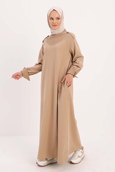 ALLDAY Beige-Cotton Sleeves Button Epaulettes Dress
