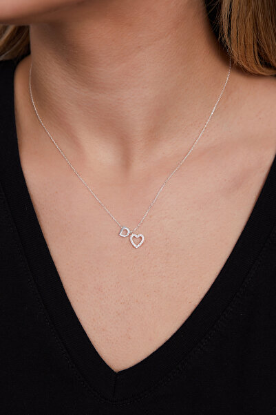 Elika Silver 925 Ayar Gümüş Zirkon Taşlı Kalp Model D Harfi Kolye ELKSLVR7746