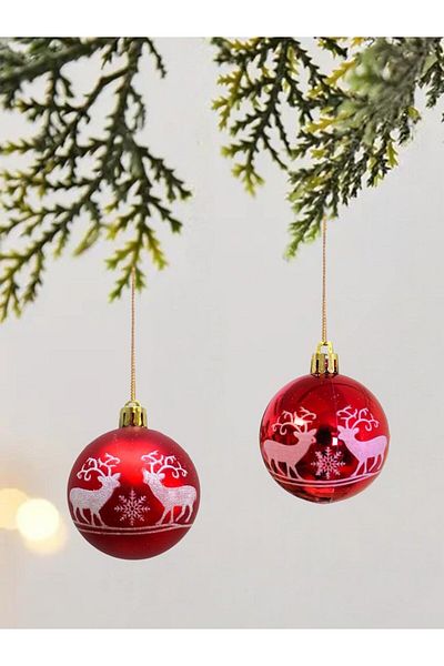 Parti Adresi Red Pine Tree Pattern Christmas Balls - 6 Cm, 6 Pcs
