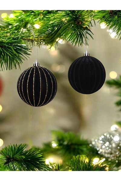 Parti Adresi Black Velvet Christmas Ball - 8 cm Set of 4 with Gold Glitter and Tree Decorations