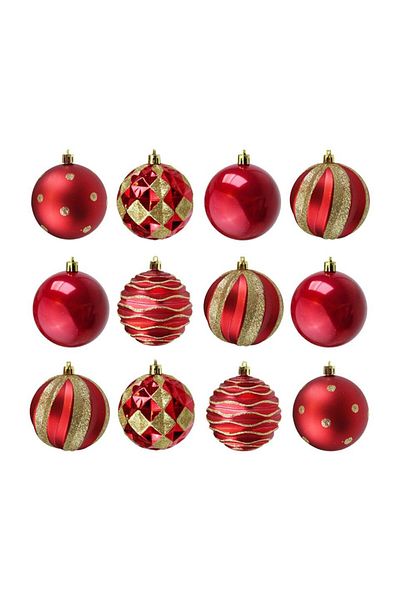 Parti Adresi Christmas Ball Boxed Pine Tree Ornaments Mixed Patterned Red-Gold 8 cm 12-Pack
