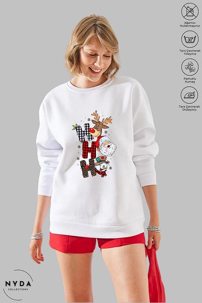 Nyda Collections Unisex μακρυμάνικο χριστουγεννιάτικο φούτερ με στάμπα με λαιμόκοψη χωρίς κουκούλα