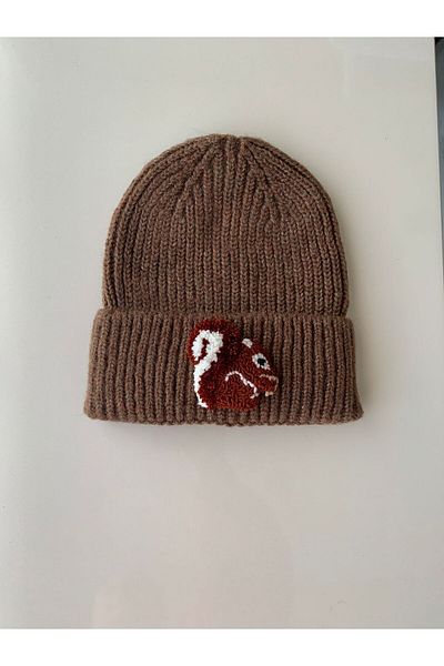byebruketenci New Year's Gift - Brown Wool Beret, Cap with Squirrel Punch Detail