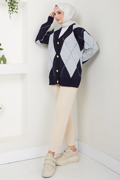 hafsamina Navy Blue Diamond Patterned Knitwear Cardigan - Hm2609