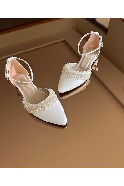 İlkinin Pabuçları Bridal Ballerinas , Pearl and Bead Decoration 1cm Heel Women White Wedding Shoes