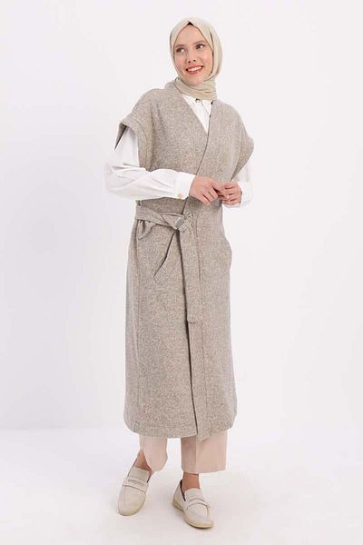 ALLDAY Beige-Belted Metal Buckle Long Vest with Pockets