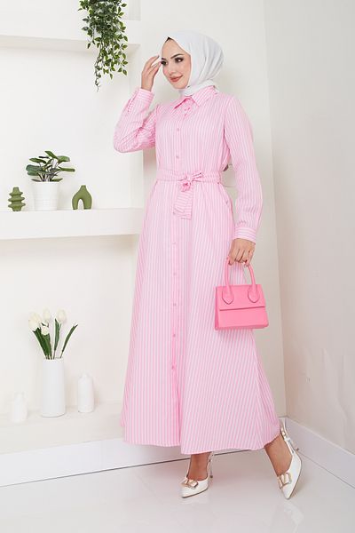Eliva Rochie de damă din satin roz, lungă, albă, cu dungi, cu centură
