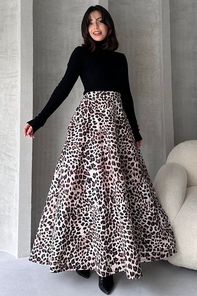 Fav Style Γυναικεία μακριά φούστα καμπάνα σε μπεζ στάμπα λεοπάρ με ψηλή μέση και διπλές τσέπες