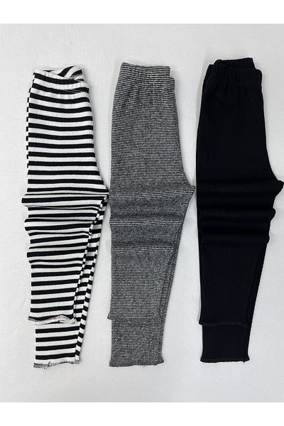 Berat moda Negru cu nervuri flexibile - Bumbac - Colanți pentru copii cu dungi din 3 piese