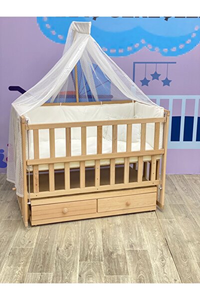 TURHAN BEBE Ahşap Anne Yanı Asansörlü Çekmeceli Sallanır Beşik Tam Set Uyku Seti