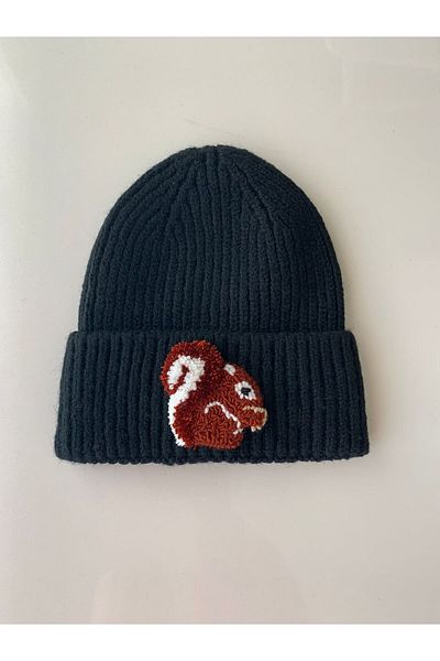 byebruketenci New Year's Gift - Black Wool Beret, Cap with Squirrel Punch Detail