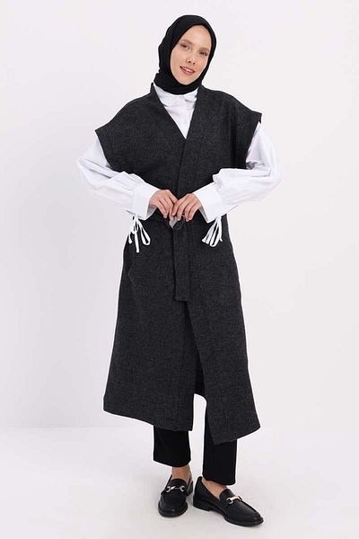 ALLDAY Anthracite-Belt Metal Buckle Long Vest with Pockets