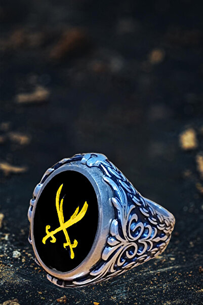 OSMANLI GÜMÜŞ Erkek Gümüş Yüzük - Ortası Dönen Çift Taraflı Hz Zülfikar Kılıc...