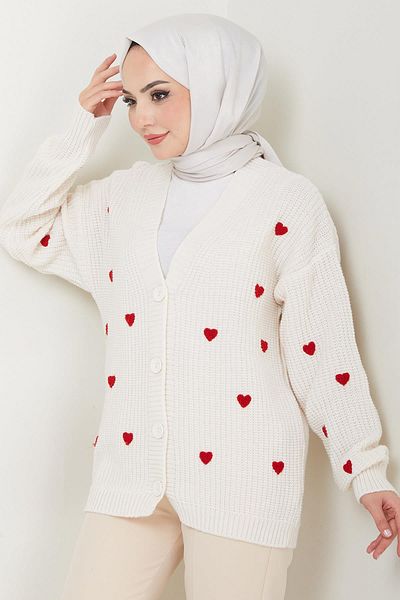 hafsamina Cream Color Heart Applique Knitwear Cardigan - Hm2608