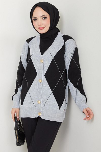 hafsamina Black Knitwear Cardigan - Diamond Pattern, Model Hm2609