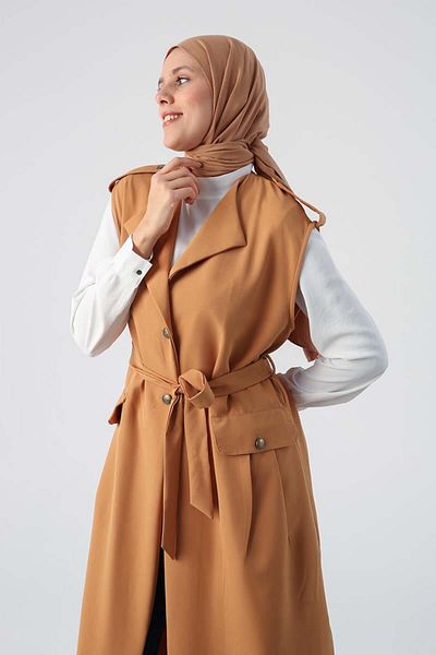 ALLDAY Mustard-Shoulder Epaulettes Belted Pocket Vest