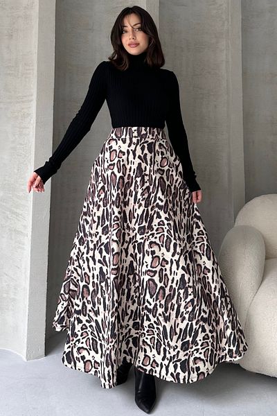 Fav Style Fusta de damă cu talie înaltă și buzunare duble cu imprimeu leopard - crem