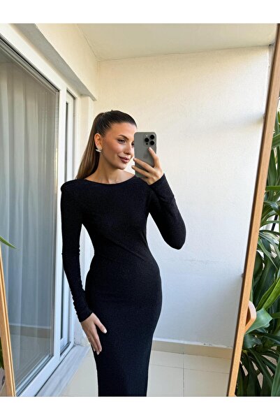 Pubblica Kadın Sırt Detaylı Siyah Simli Uzun Elbise