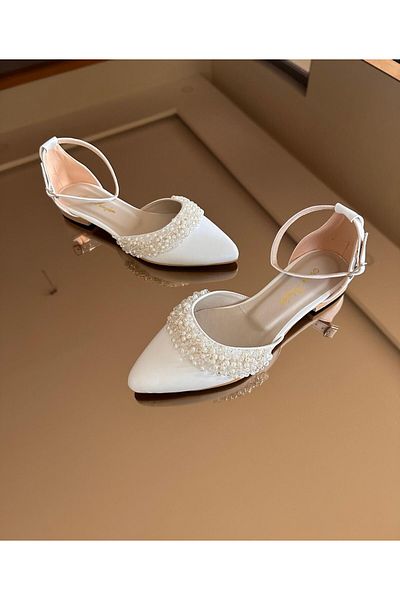 İlkinin Pabuçları Bridal Ballerinas , Pearl and Bead Decoration 1cm Heel Women White Wedding Shoes