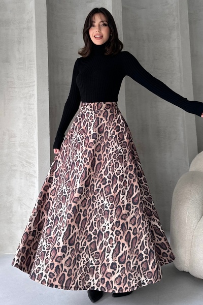 Fav Style Fusta lungă cu clopot cu imprimeu leopard, cu talie înaltă, cu buzunar dublu, maro