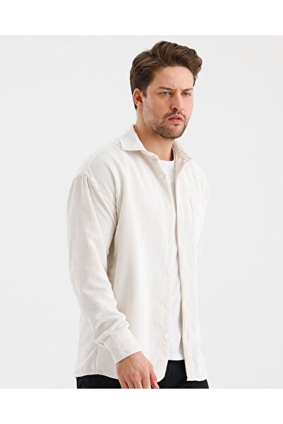 A&O Style Erkek Krem Oversize Cepli Uzun Kollu Kadife Gömlek