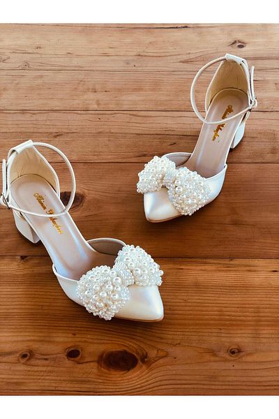 İlkinin Pabuçları pearl bow detail wedding shoes mother of pearl ecru color 5cm thick heeled bridal shoes