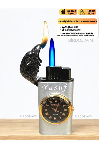 birdoz avm Kişiye Özel Isimli Saatli Kartal Tasarım Çift Alevli Özel Başlıklı Şık Tasarımlı Turbo Gazlı Çakmak