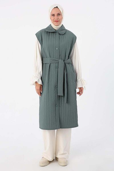 ALLDAY Mildew Green-Oversize Snap Fastener Vertical Line Long Quilted Vest