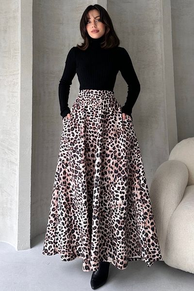 Fav Style Γυναικεία μακριά φούστα καμπάνα σε μπεζ στάμπα λεοπάρ με ψηλή μέση και διπλές τσέπες